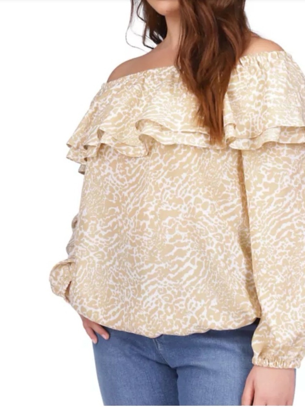MICHAEL Michael Kors Beige and White Off-Shoulder Ruffle Blouse
